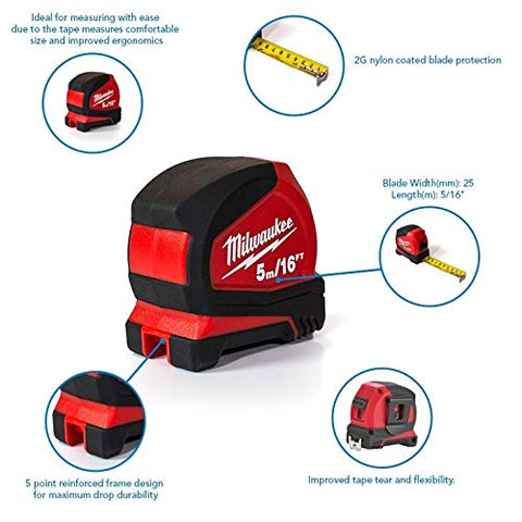 Milwaukee Pro Compact Tape Measure C5-16/25 red housing boosts visibility