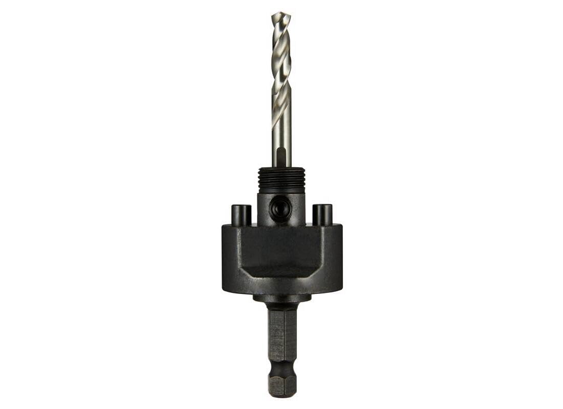 Milwaukee quick-change arbor in use enables fast hole saw changes.