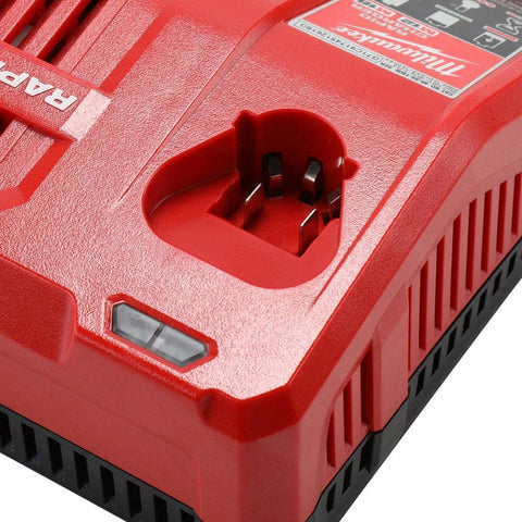 Milwaukee rapid charger accepts M18 and M12 batteries for versatility.