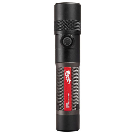 Milwaukee rechargeable 1100-lumen flashlight shows bright beam on a work site.