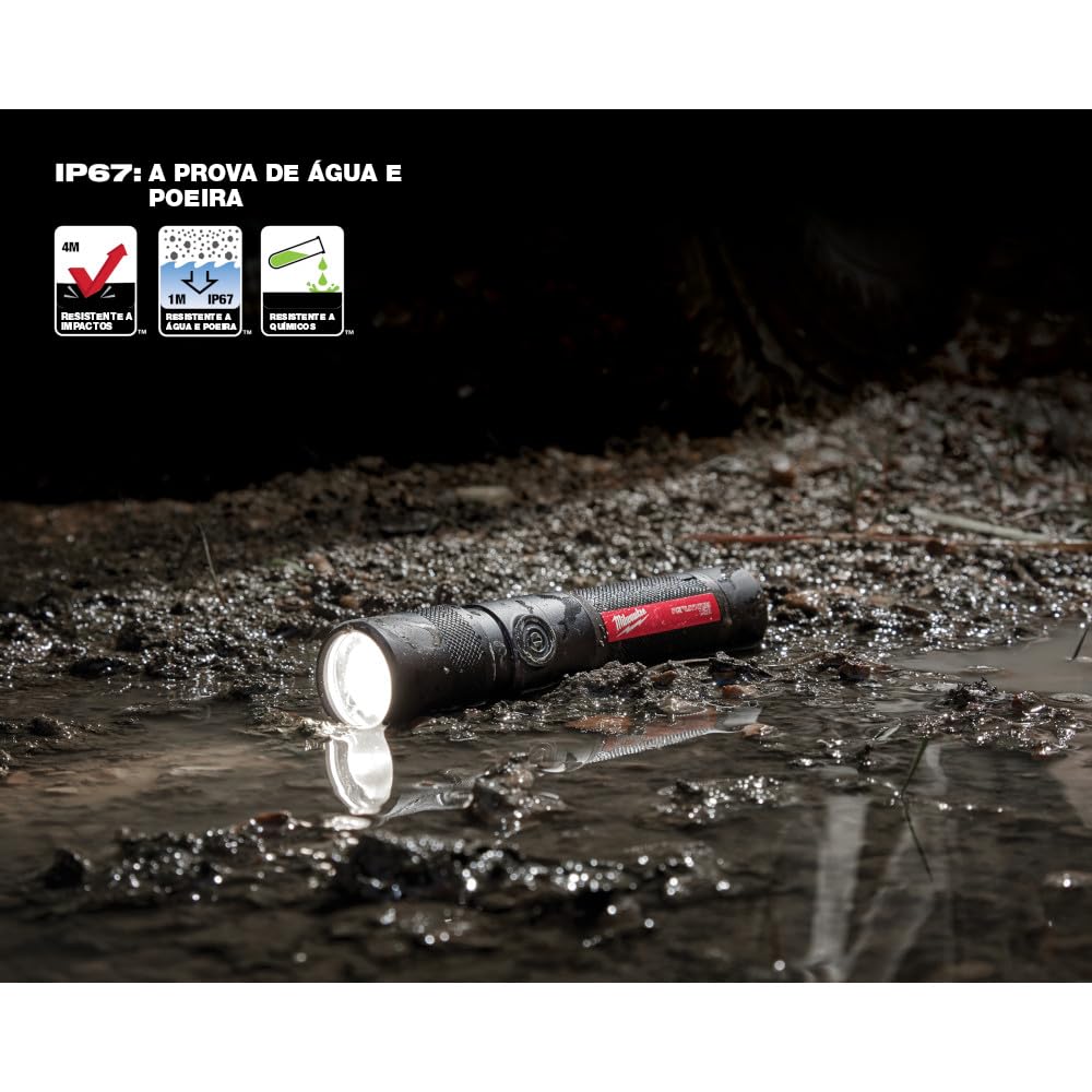 Milwaukee rechargeable flashlight charging port highlights convenient recharging options.