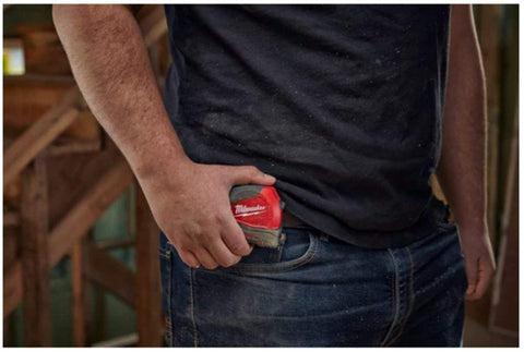 Milwaukee tape-measure with compact form ideal for tight spaces and overhead work.
