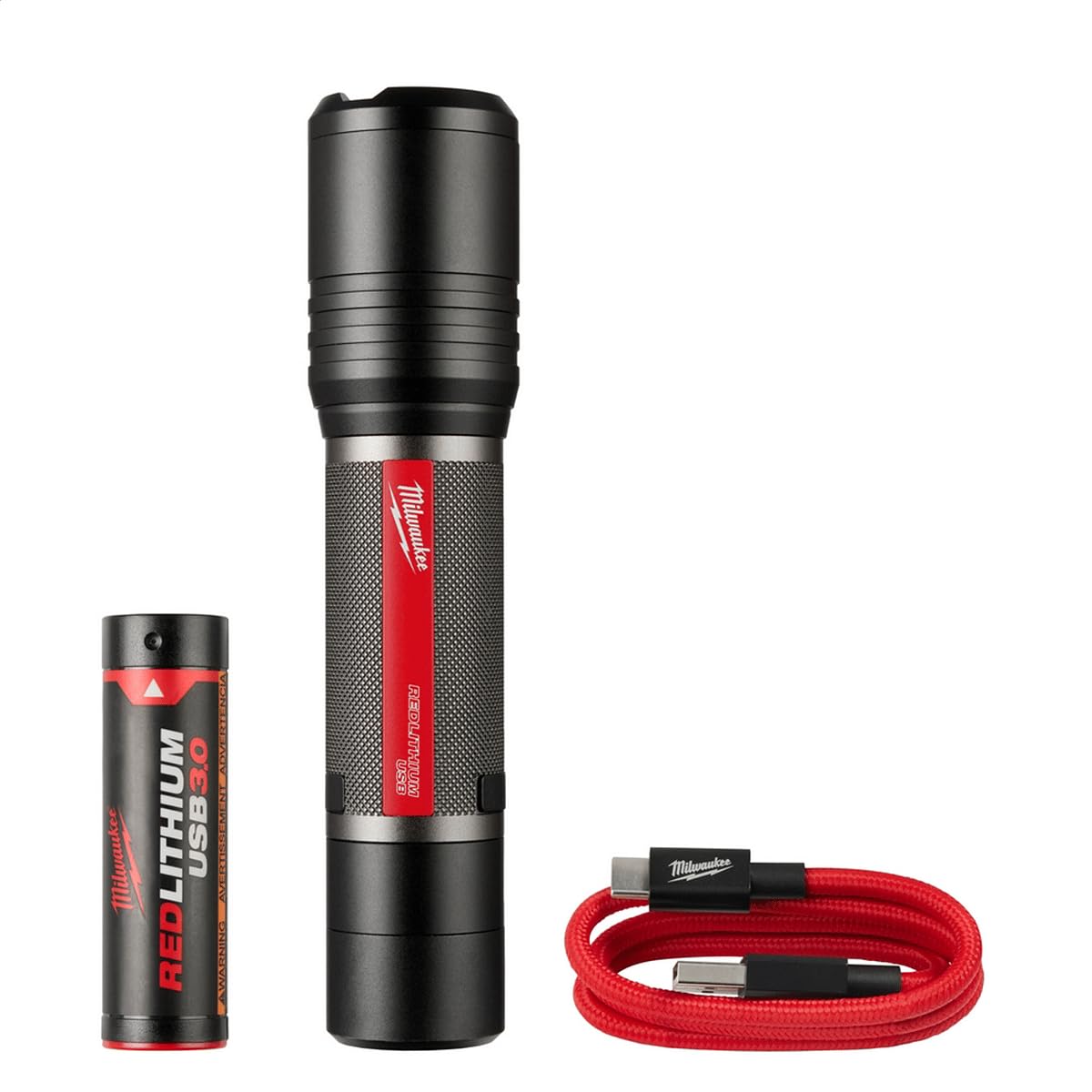 Milwaukee REDLITHIUM USB slide focus flashlight with versatile beam for job sites.