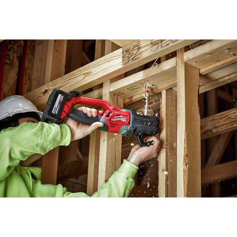 Milwaukee right-angle drill in action in tight space scenarios.