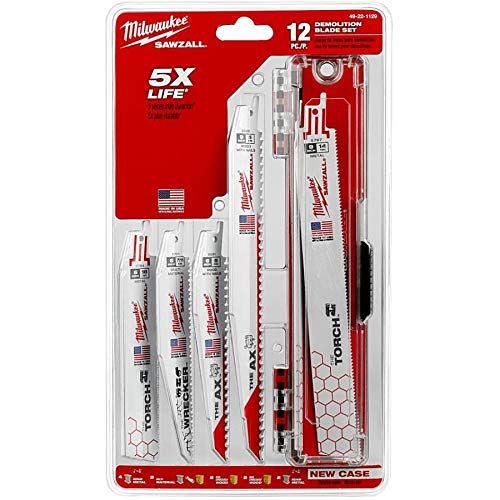 Milwaukee Sawzall 12-piece blade set in rugged case for organized on-site cutting.