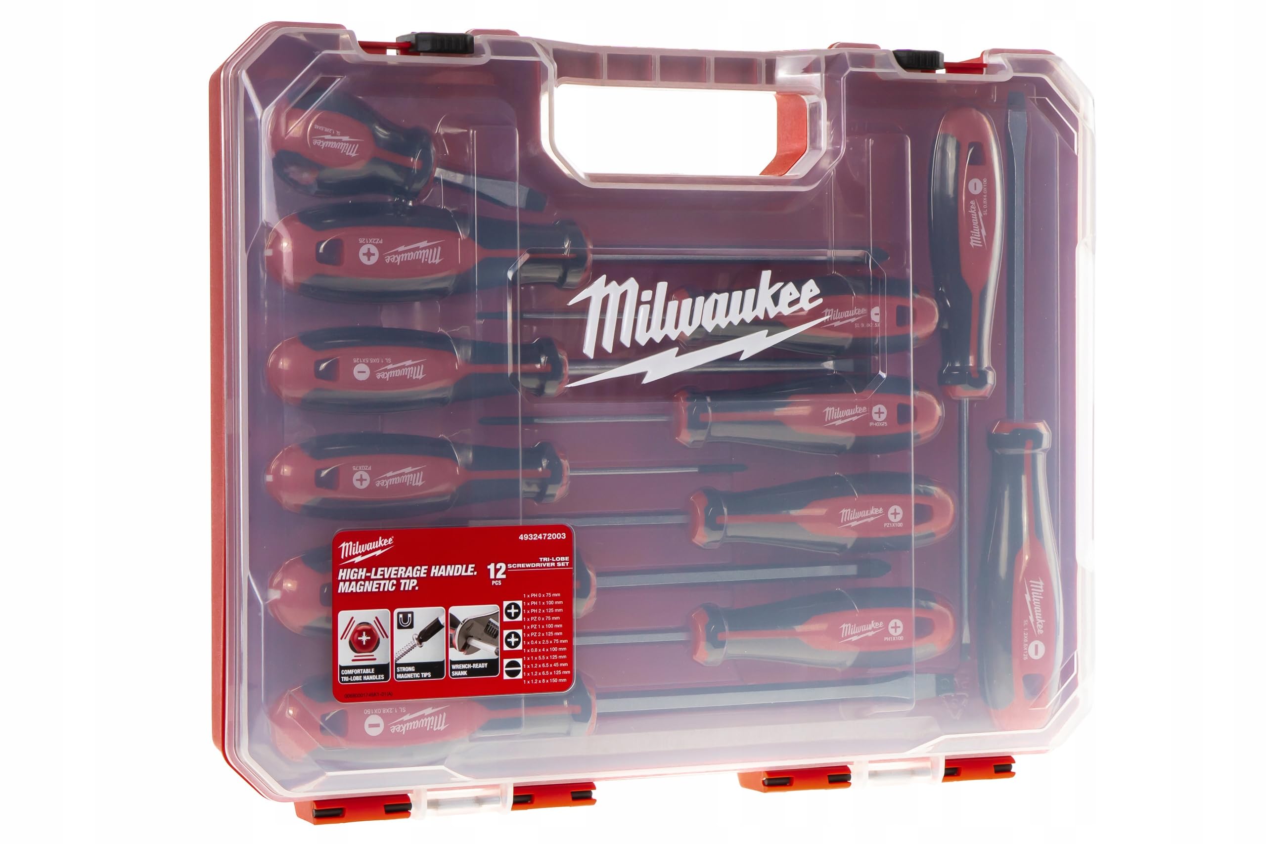 Milwaukee red-handled screwdrivers shown in their organized case.