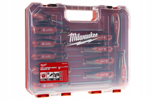 Milwaukee red-handled screwdrivers shown in their organized case.