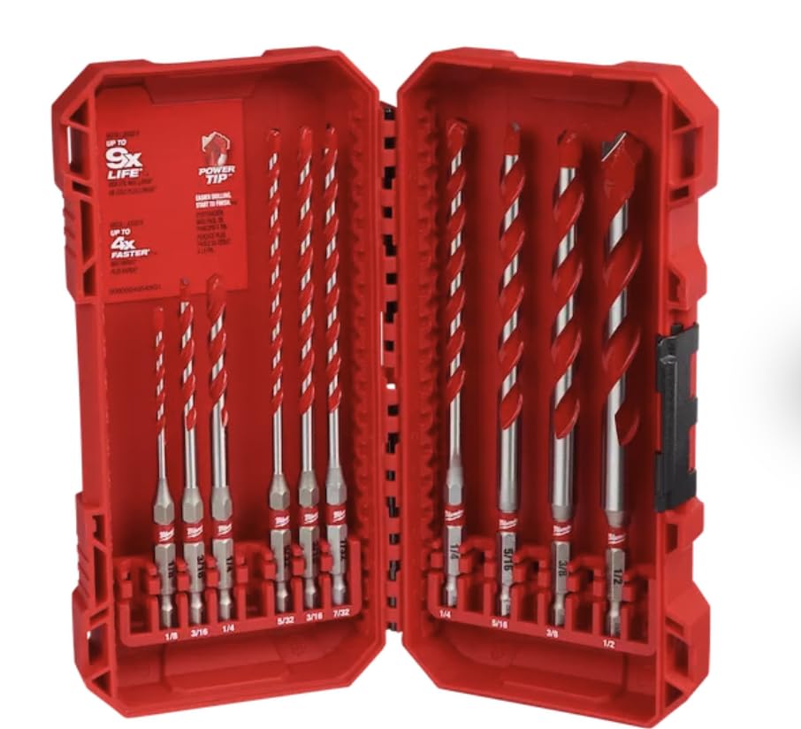 Milwaukee Shockwave 10pc carbide hammer drill bits pack for durable concrete drilling.