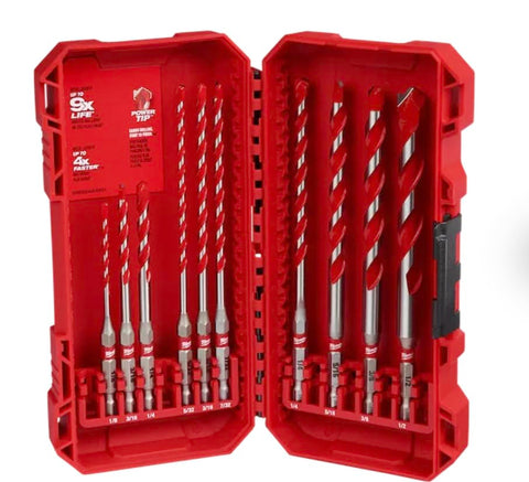 Milwaukee Shockwave 10pc carbide hammer drill bits pack for durable concrete drilling.