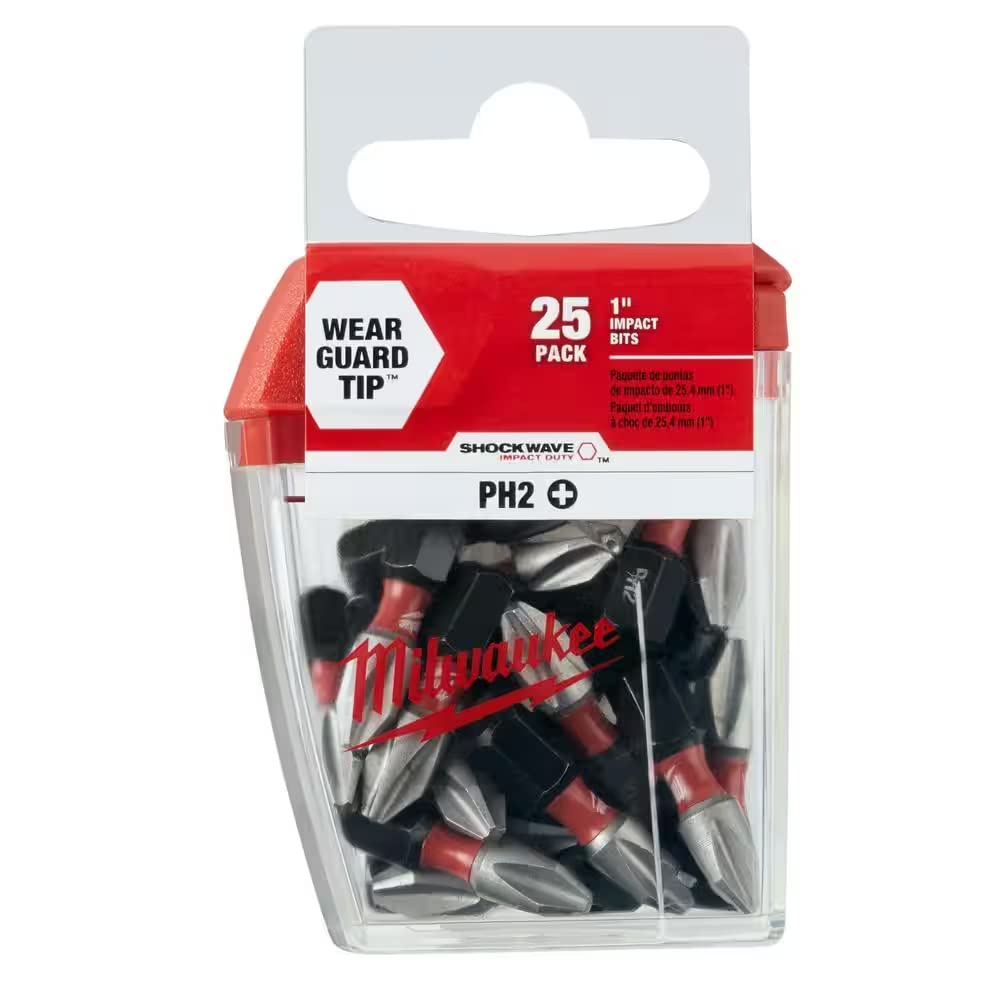 Milwaukee Shockwave 25-pack bits close-up showing durable tips designed for long life.