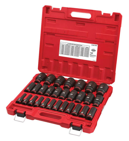 Milwaukee Shockwave 29-piece deep metric sockets for 1/2-in drive applications, designed to resist rounding.