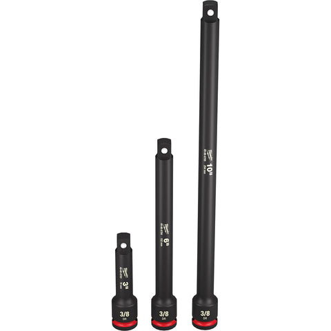 Milwaukee Shockwave 3-8 Dr extension set for impact drivers providing extended reach and durability.