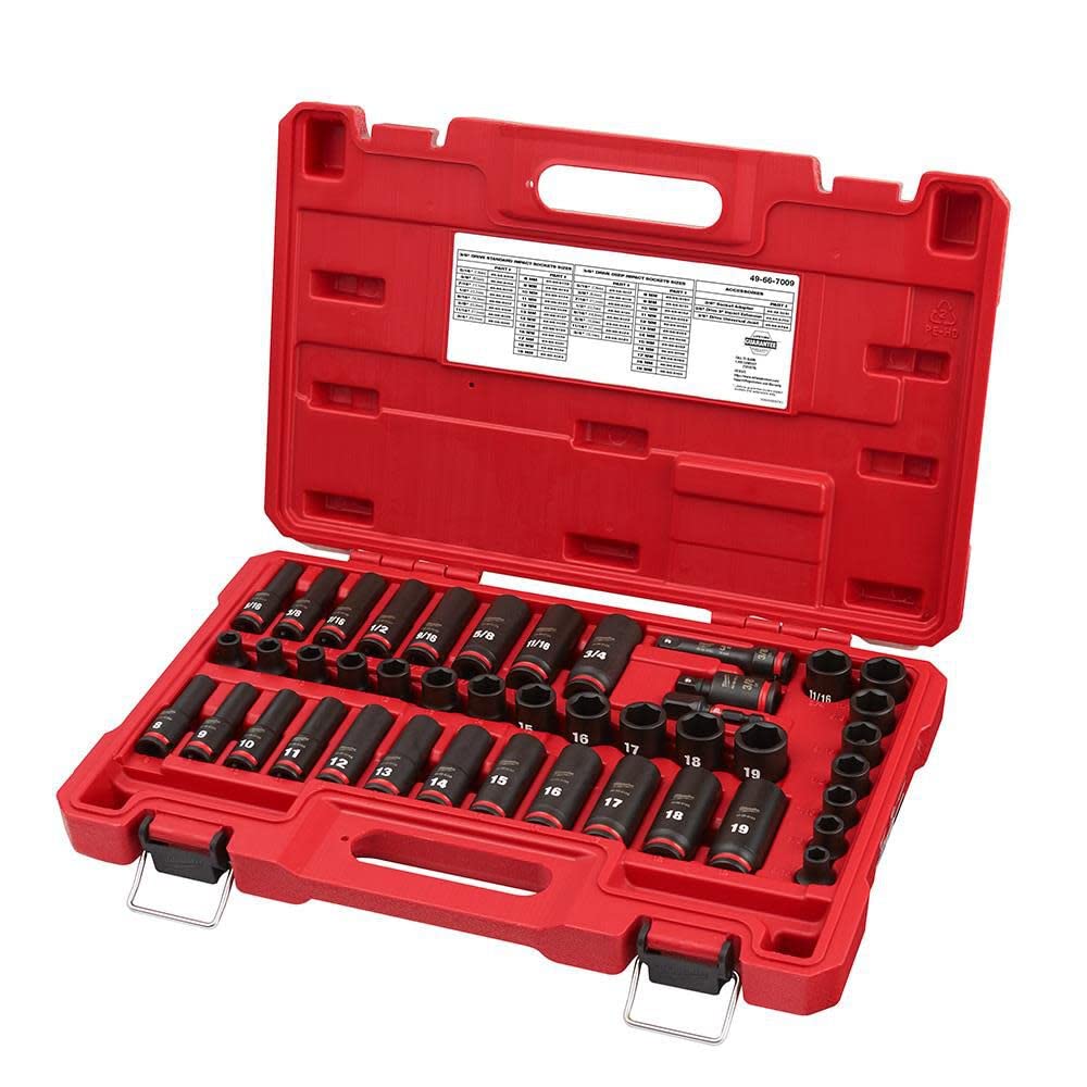 Milwaukee Shockwave 43pc six-point sockets laid out for quick size identification.