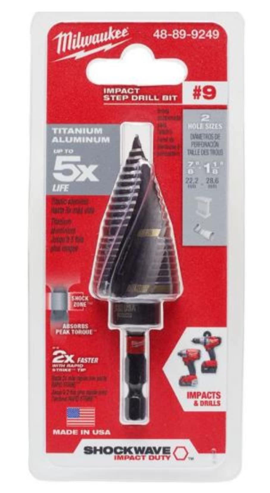 MILWAUKEE SHOCKWAVE 48-89-9249 step bit tip close-up for durable metal drilling