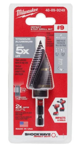 MILWAUKEE SHOCKWAVE 48-89-9249 step bit tip close-up for durable metal drilling