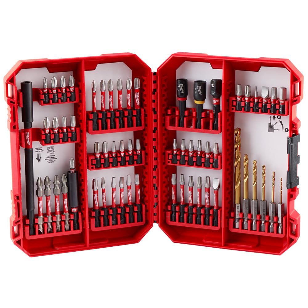 Milwaukee Shockwave 60-piece kit close-up shows extended-life bits for tough tasks.