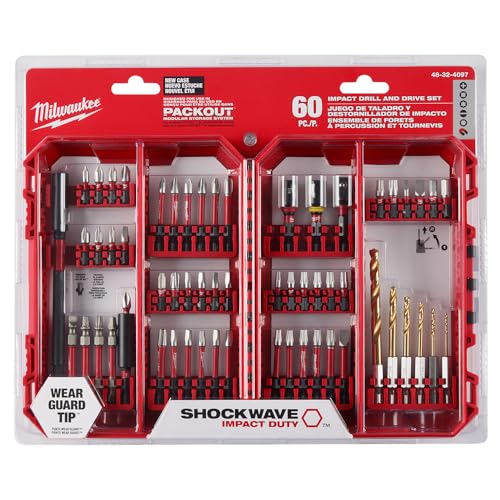 Milwaukee Shockwave 60-piece kit product layout and contents.