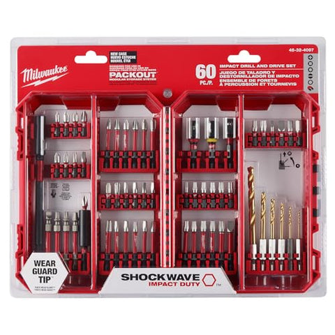 Milwaukee Shockwave 60-piece kit product layout and contents.