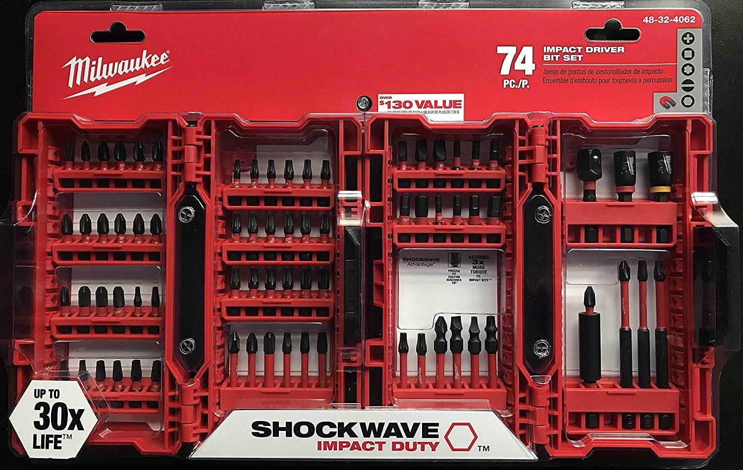 Milwaukee Shockwave 74-piece bits with durable steel construction for demanding tasks.