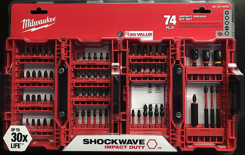 Milwaukee Shockwave 74-piece bits with durable steel construction for demanding tasks.