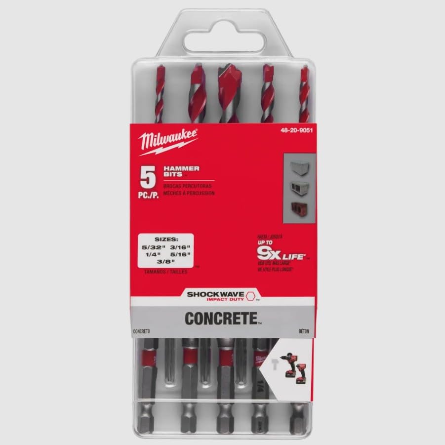 Milwaukee Shockwave carbide hammer drill bit set for fast, clean holes in concrete, brick, and block.