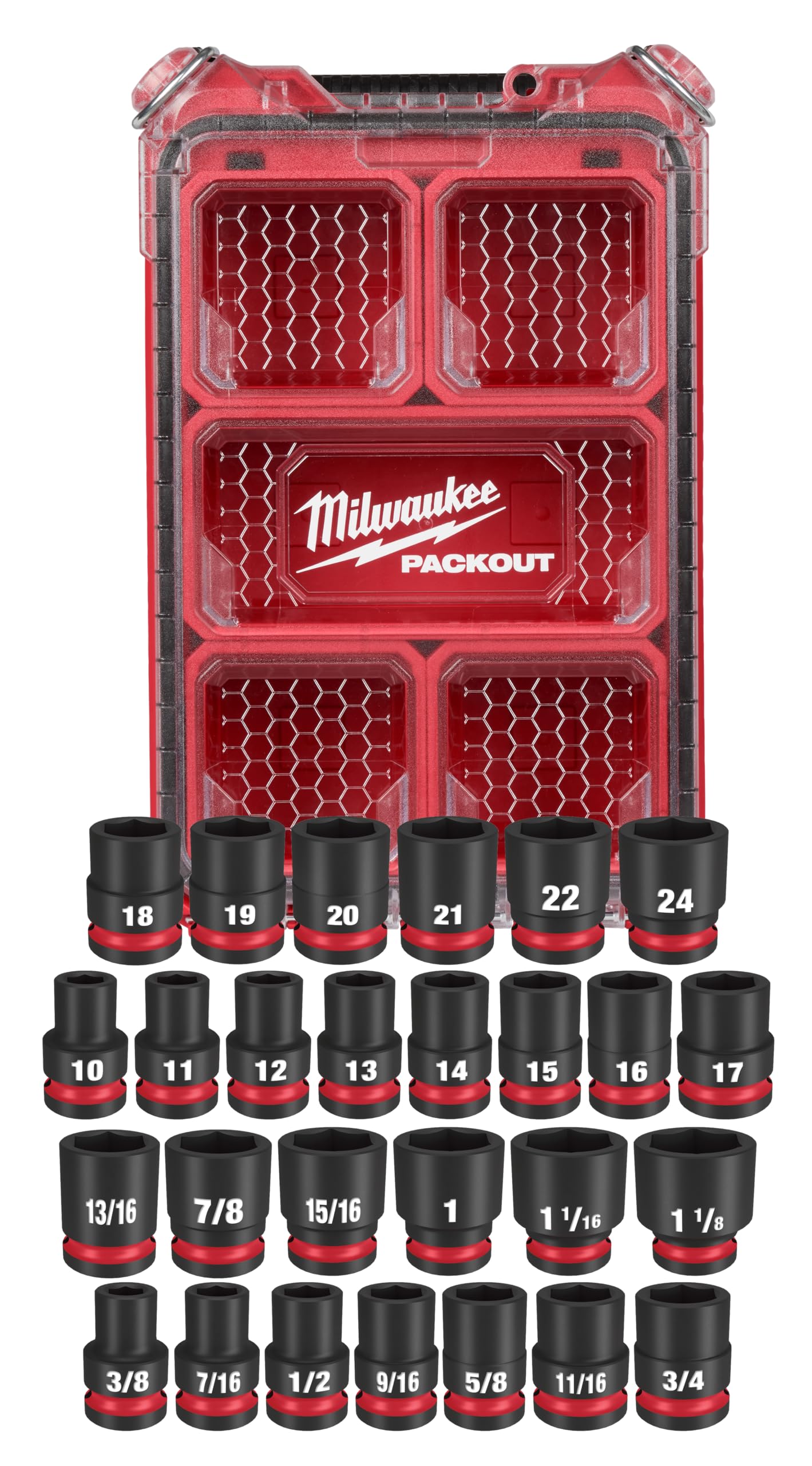 Milwaukee Shockwave half-inch socket set front view showing compact case.