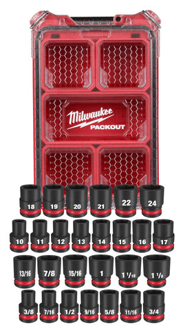 Milwaukee Shockwave half-inch socket set front view showing compact case.
