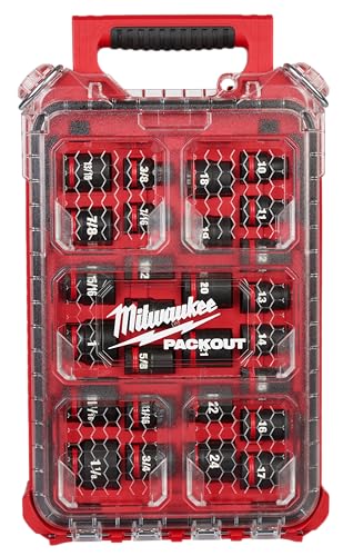Milwaukee Shockwave half-inch sockets laid out for MET and SAE sizing.