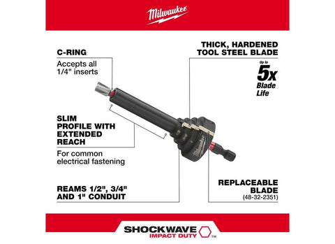 Milwaukee Shockwave reaming bit holder product shot shows compact design for organized toolbelt storage.