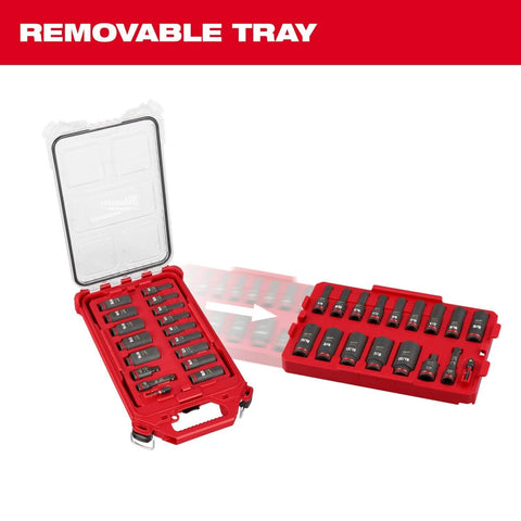 Milwaukee SAE socket set on tray demonstrating organized 17-piece SAE assortment.