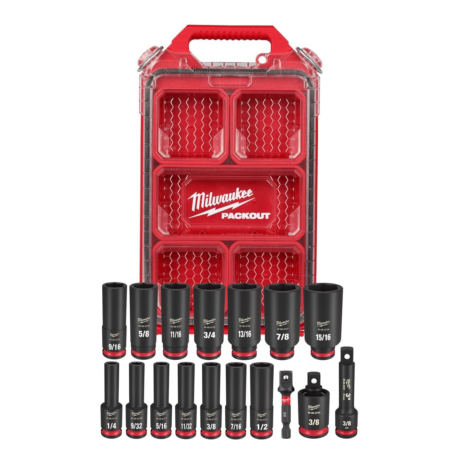 Milwaukee Shockwave socket set 3/8in close-up highlighting durable construction for heavy-duty fasteners.