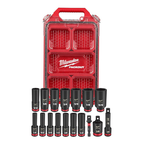 Milwaukee Shockwave socket set 3/8in close-up highlighting durable construction for heavy-duty fasteners.