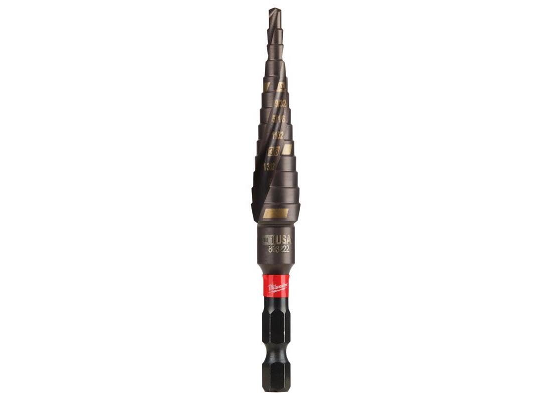 Milwaukee SHOCKWAVE step bit with Rapid Strike tip penetrates metal quickly.