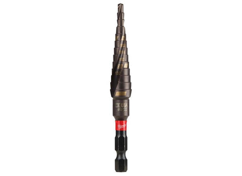 Milwaukee SHOCKWAVE step bit with Rapid Strike tip penetrates metal quickly.