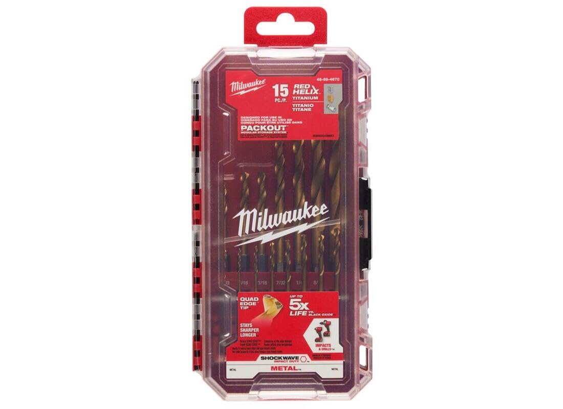 Milwaukee Shockwave kit detail shot shows titanium coating and 15-piece set