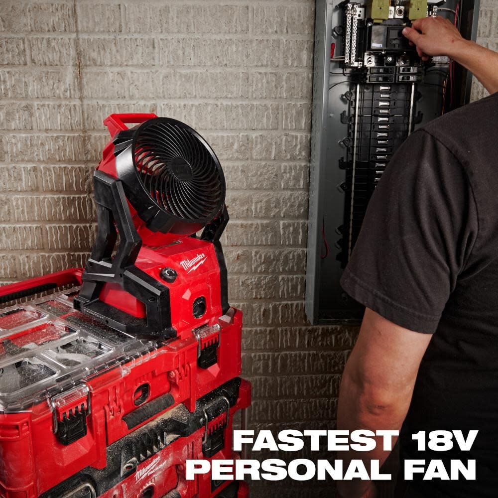 Milwaukee Storekid fan features an integrated AC plug for extended runtime
