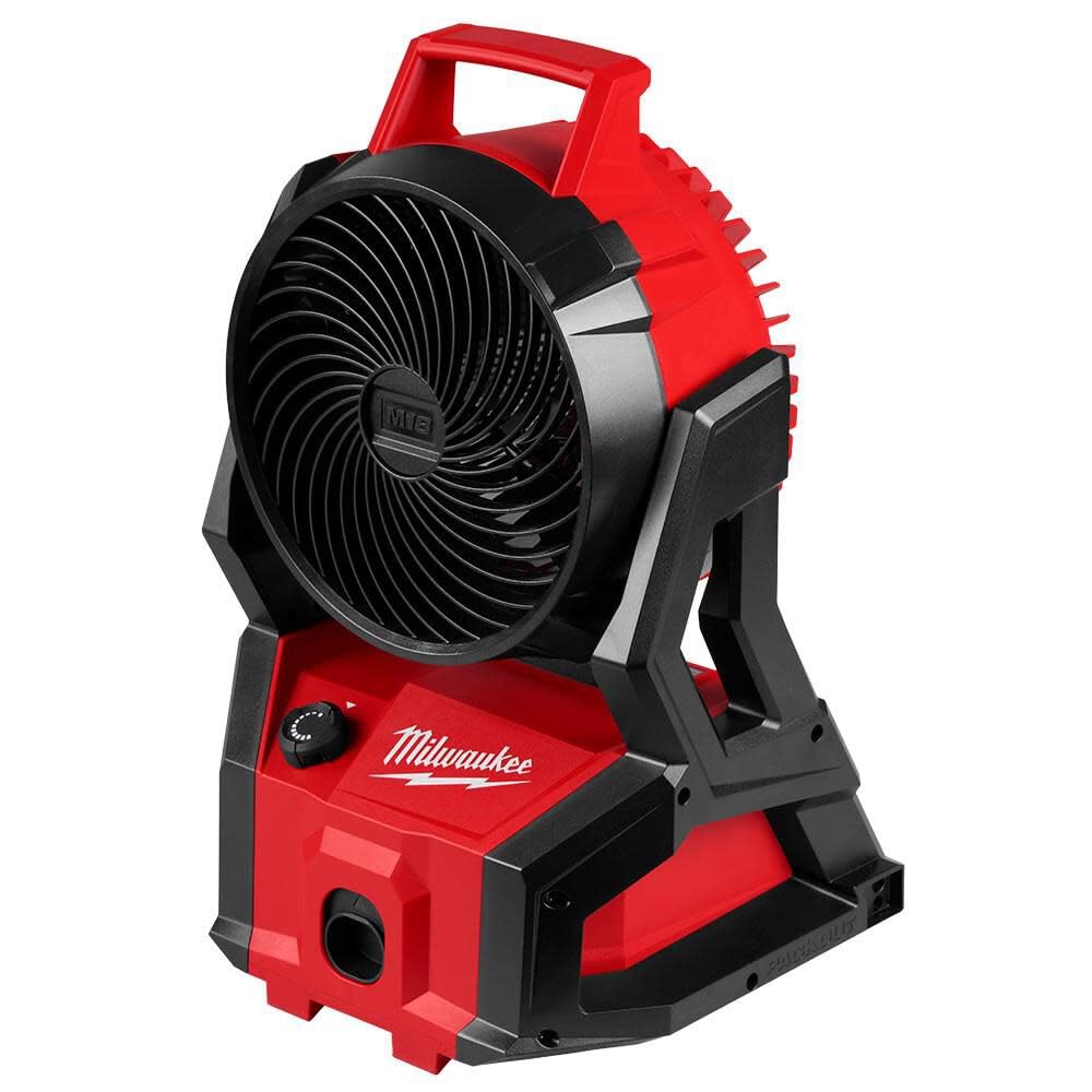 Milwaukee Storekid M18 fan base shows compact design for portable jobsite cooling