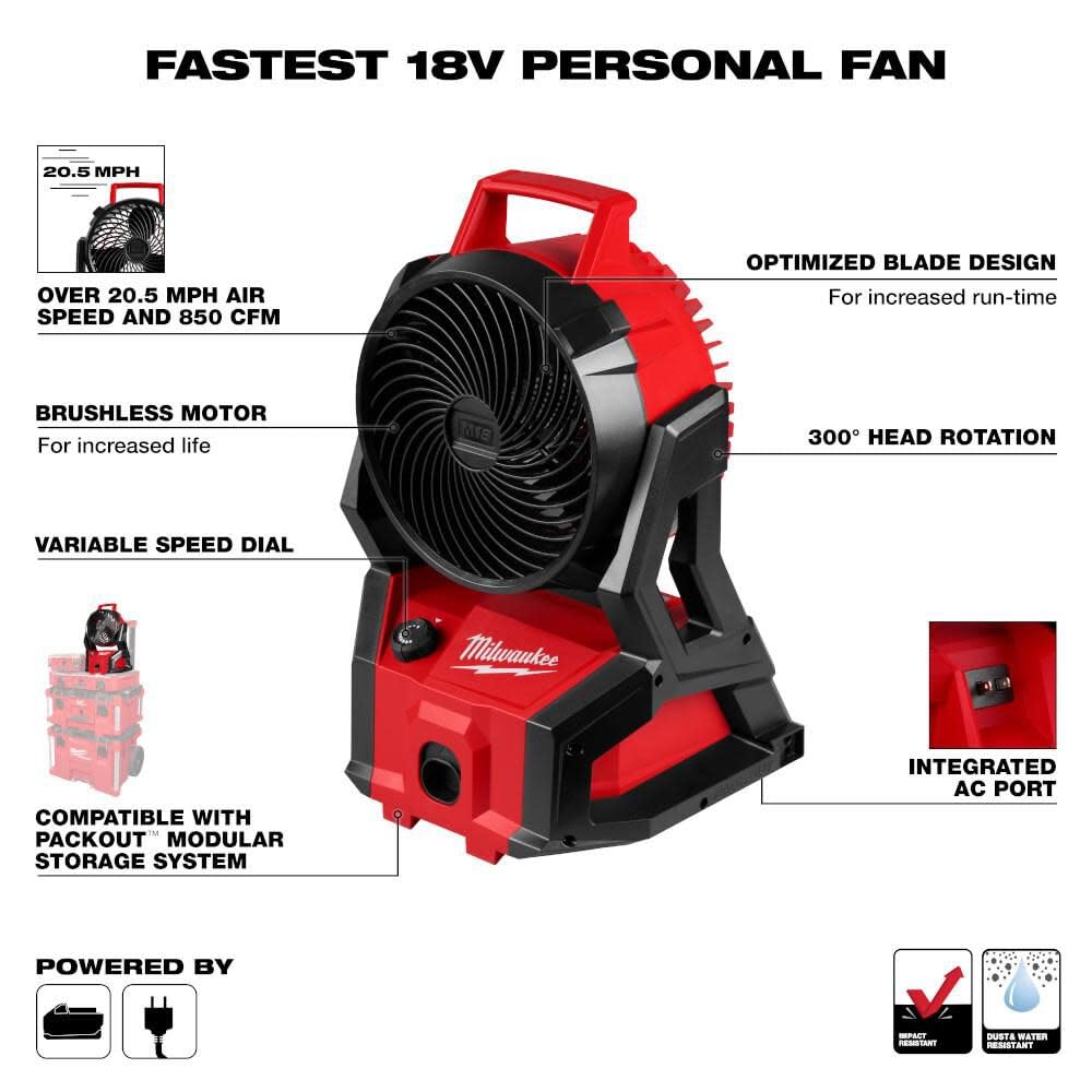 Milwaukee Storekid fan 300-degree rotation offers flexible airflow direction