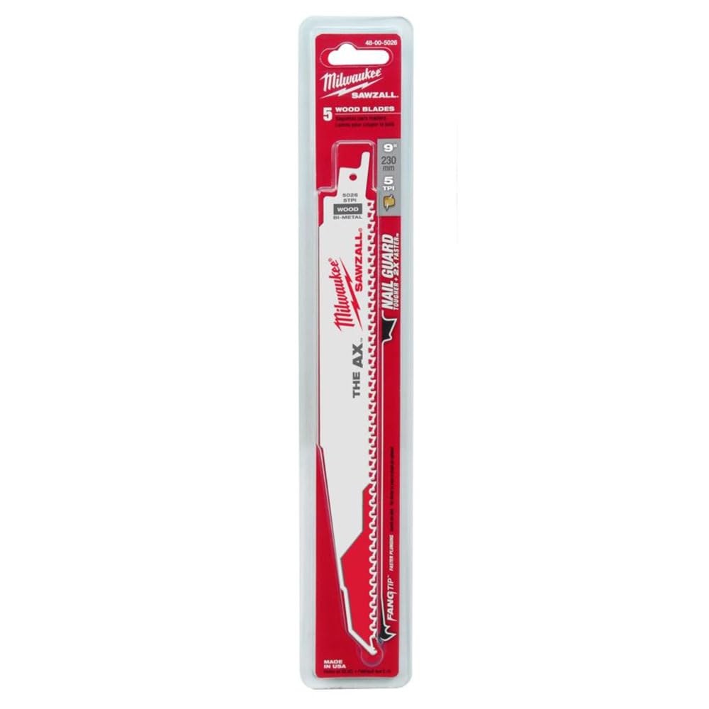 Milwaukee The Ax 9-inch blade cuts nail-embedded wood with durable performance.