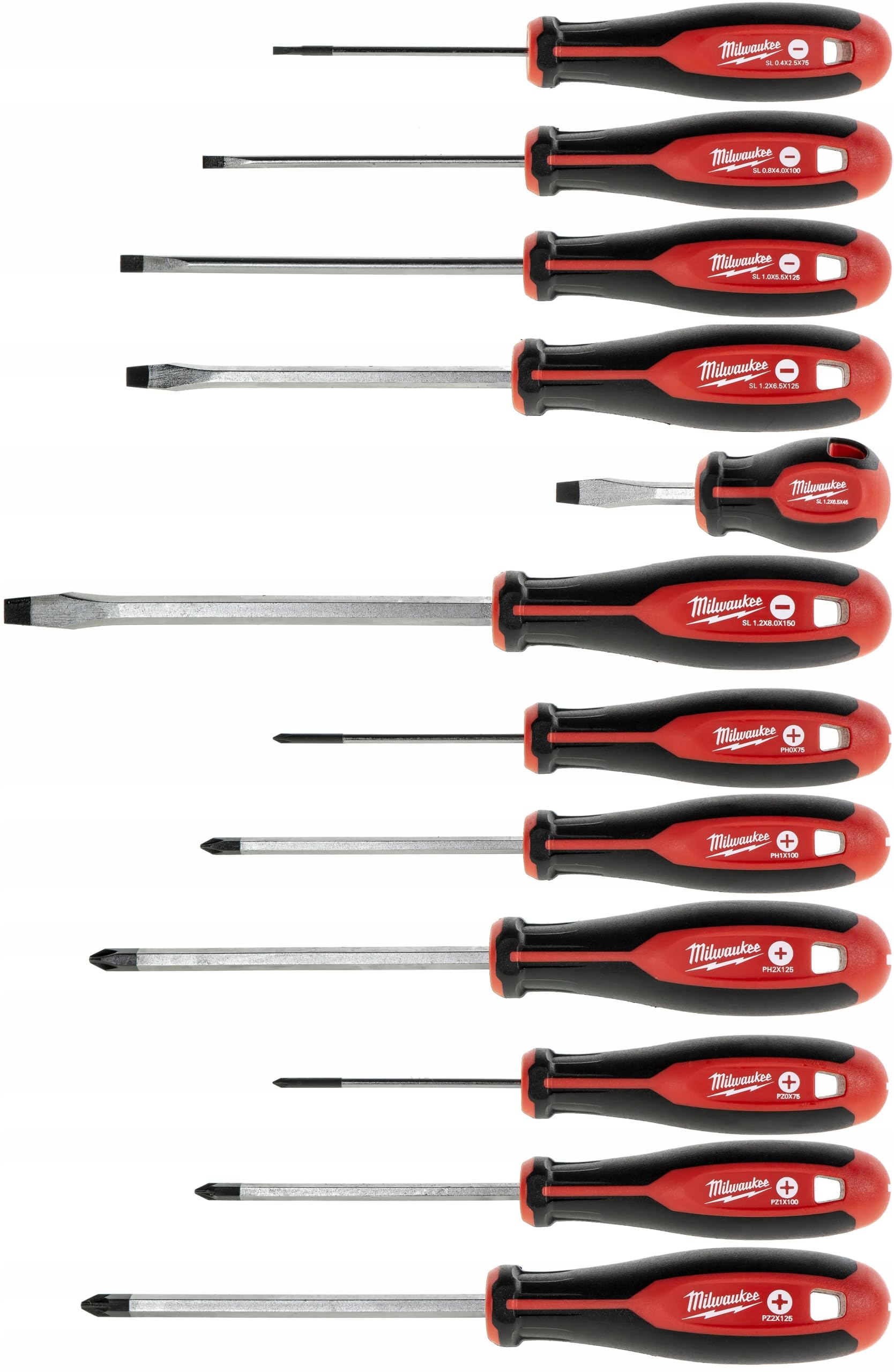 Milwaukee 12-piece red-handled tri-lobe screwdrivers for versatile screw driving.
