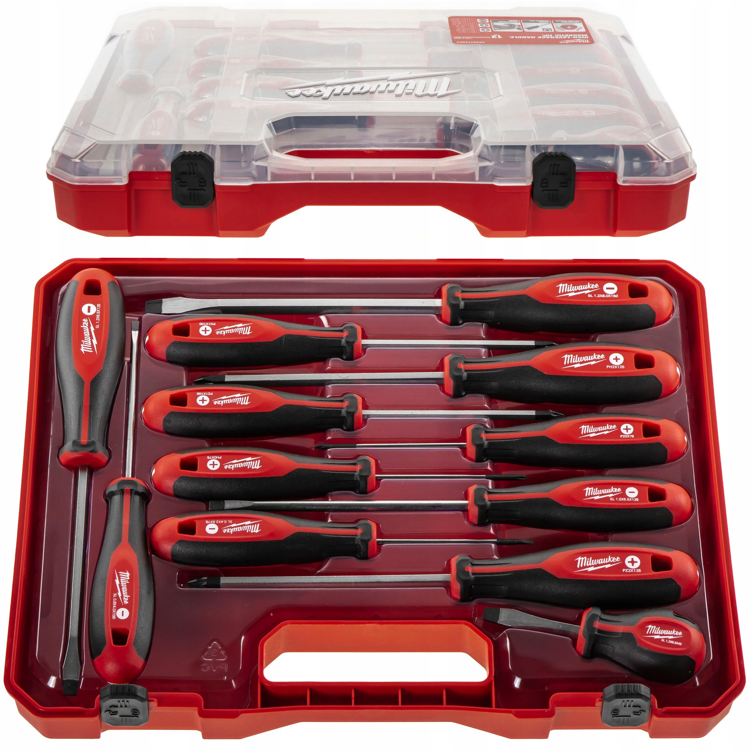 Milwaukee tri-lobe screwdrivers set with red handles for comfortable grip and quick identification.