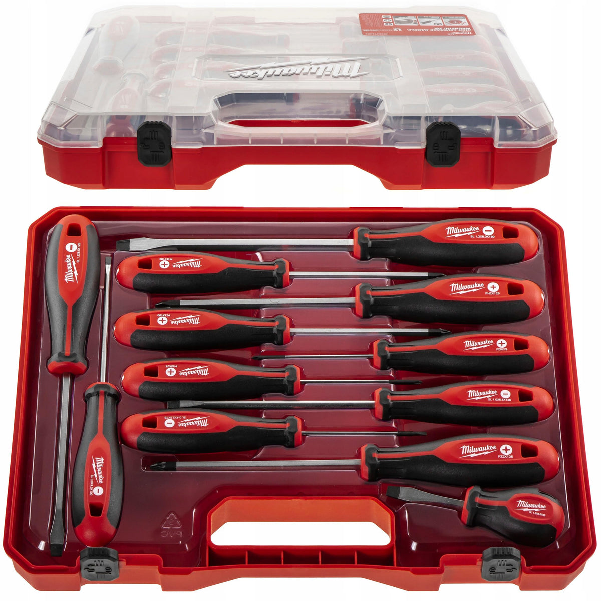 Milwaukee tri-lobe screwdrivers set with red handles for comfortable grip and quick identification.