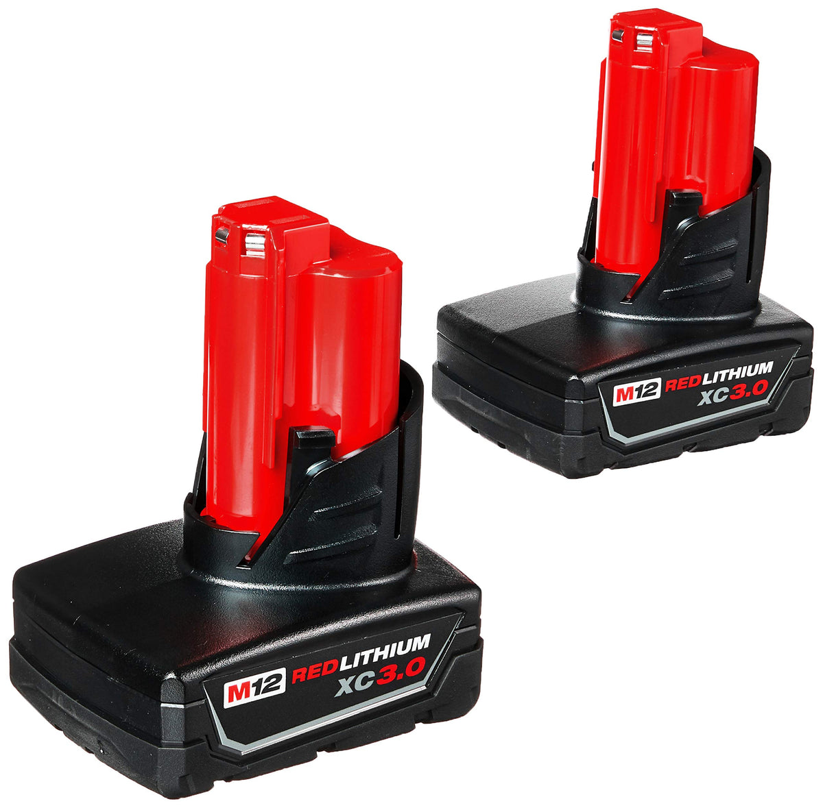 Milwaukee M12 twin-pack batteries with flat-standing base for hands-free setup on site