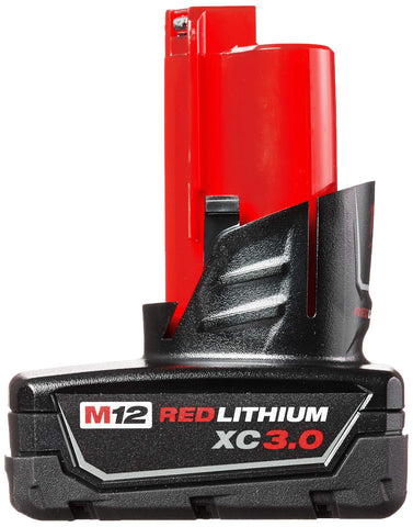 Milwaukee M12 3.0Ah battery with LED fuel gauge shows remaining power