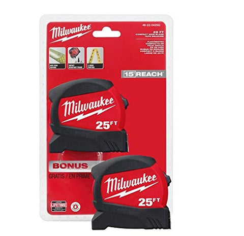 Milwaukee two-pack tape measures offer ready spare units for quick replacements on site.
