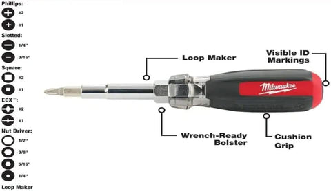 Milwaukee screwdriver with visible ID markings for quick tool choice.