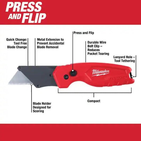 Milwaukee Fastback Flip knife featuring wire stripper and gut hook for versatile tasks.