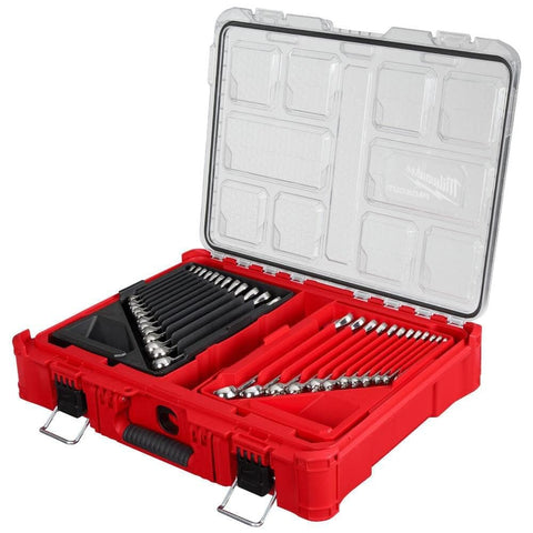 Milwaukee wrench set featuring 15° offset and 12pt ends for better fastener access.