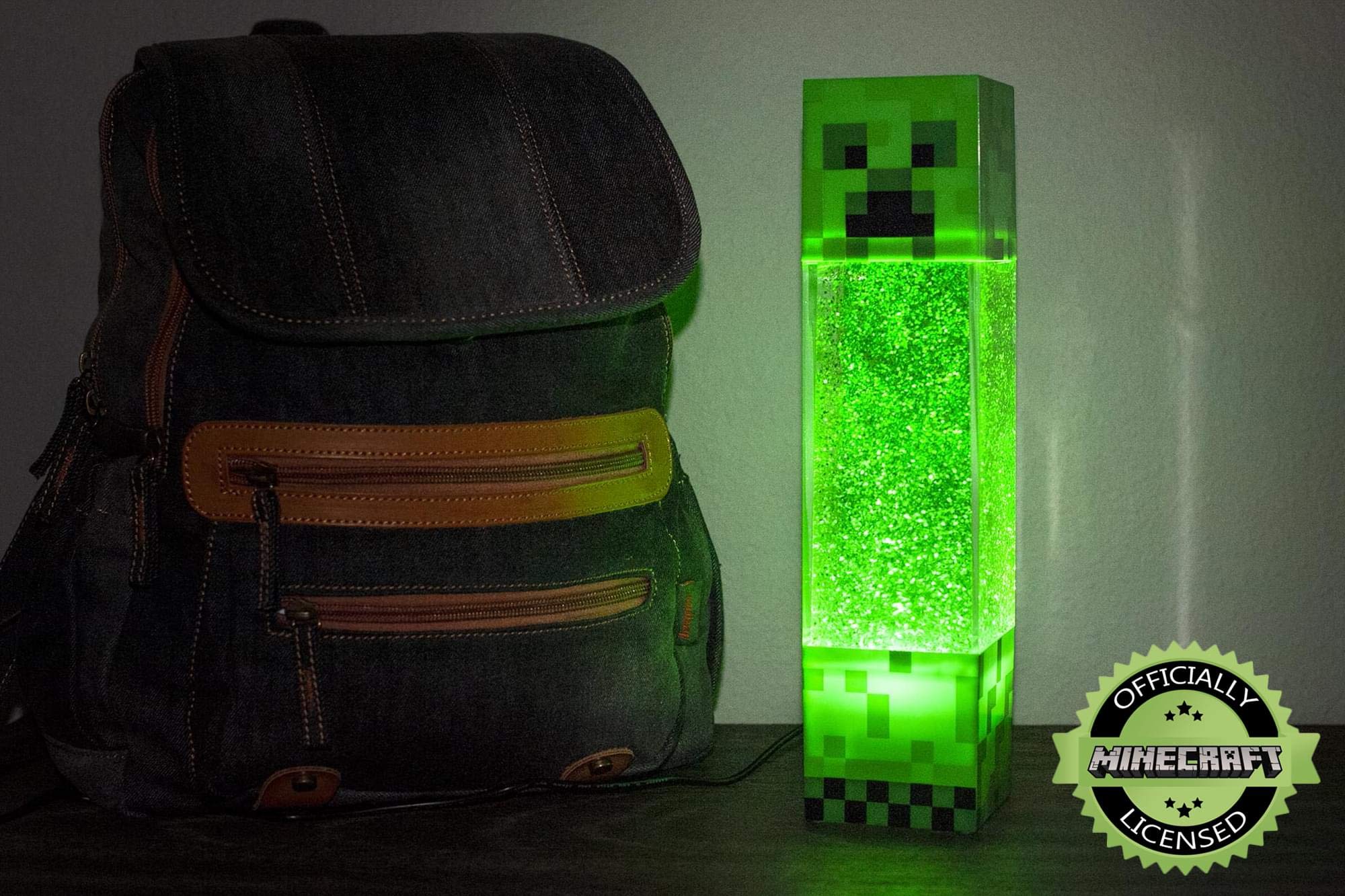 Minecraft Creeper Glitter Motion Light on a desk creates a playful focal point