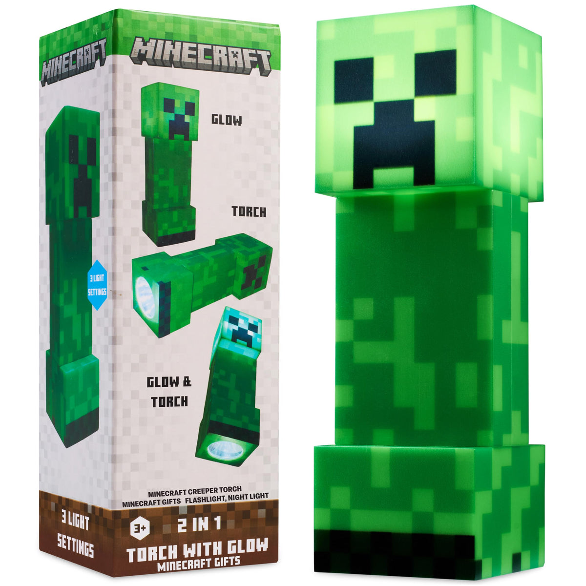 Minecraft Creeper Torch night light with soft glow for bedtime reading.